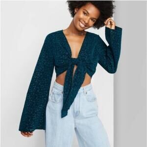 Dark Teal Bell Sleeve Crop Top XS EUC Fairycore Soft Goth Y2K Festival Witchy